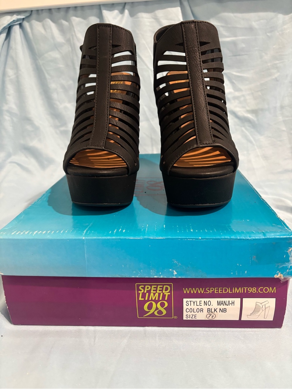 Speed Limit 98 Women's Black Strappy Cutout Peep-Toe Platform Heels